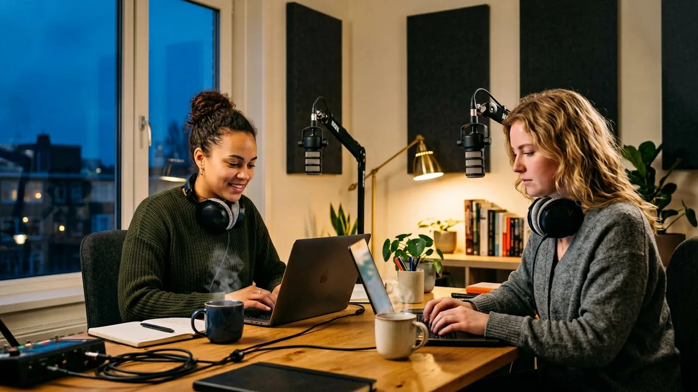 Een koppel aan het werk in de avondpiek: twee laptops en microfoons, warme lampen tegen het blauwe avondlicht uit het raam
