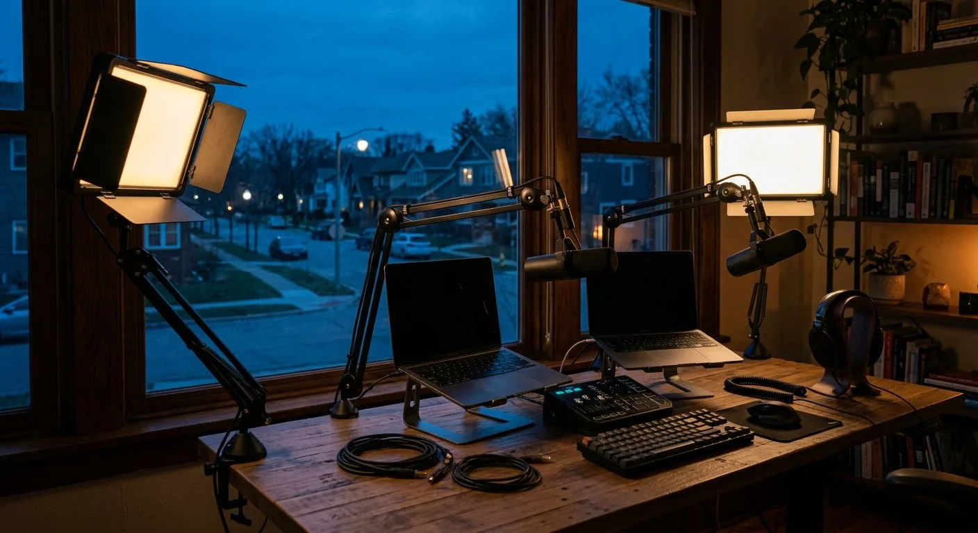 Home-studio in de avond: twee gloeiende softboxen, donkere laptop-schermen en schemerblauwe lucht buiten het raam