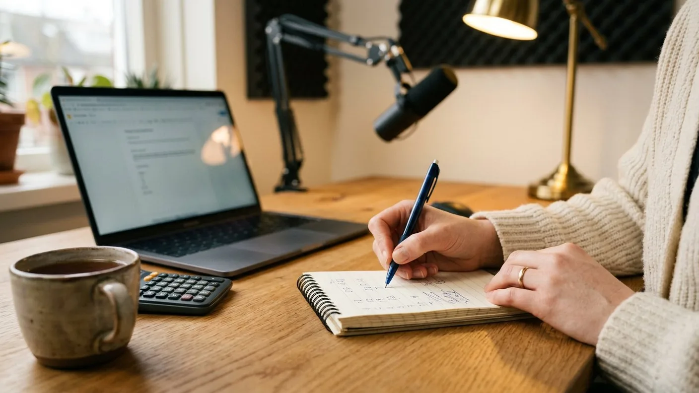 Cijfers opschrijven in een notitieboekje naast een laptop en een rekenmachine: het inkomensmodel doorekenen