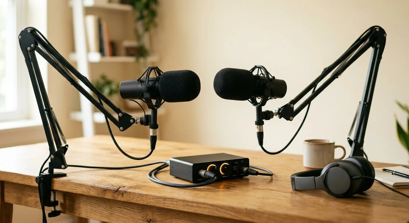Twee condensermicrofoons op armaturen met een 2-kanaals audio-interface ertussen op een eiken bureau