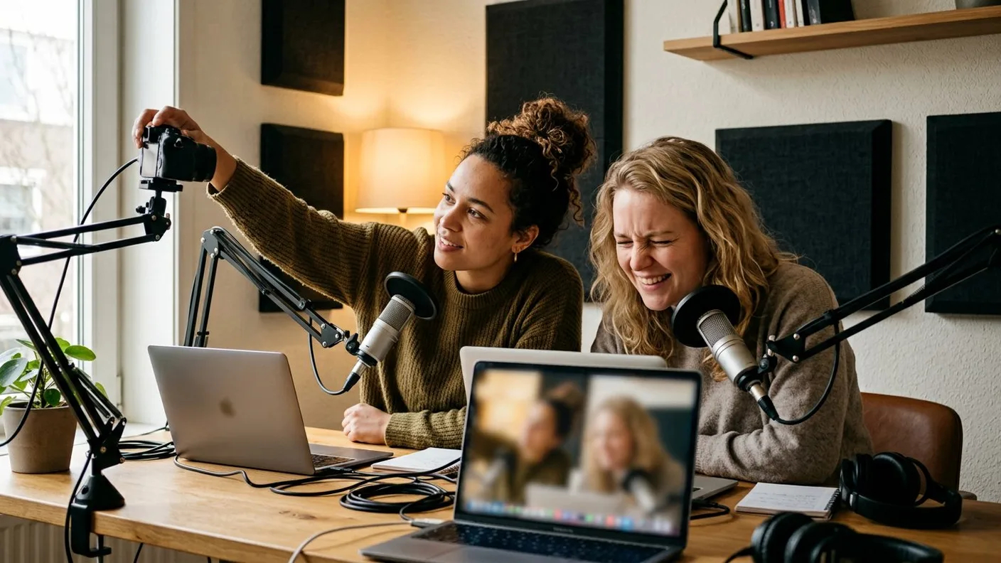 Een koppel bij hun eerste testopname: de camera wordt bijgesteld terwijl ze lachend naar de live preview op de laptop kijken