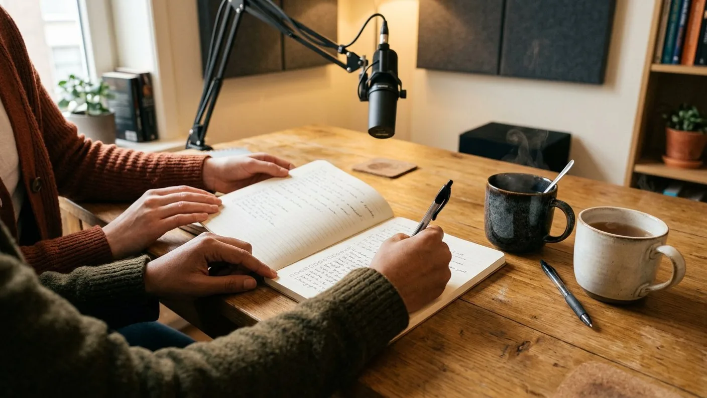 Beide handen van een koppel om een open notitieboek met opgeschreven afspraken, met twee theemokken op de studio-tafel