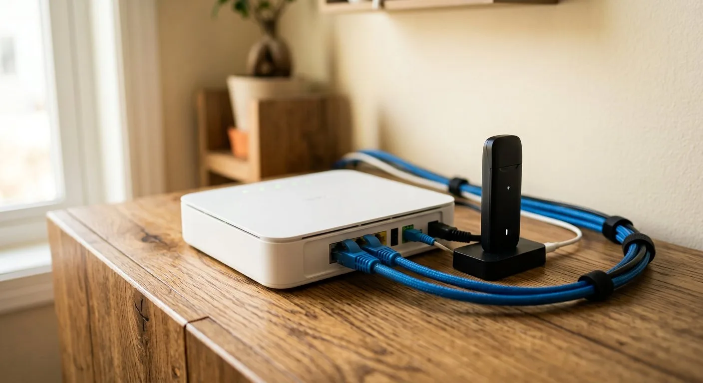 Glasvezel-router met ethernetkabels en een 4G USB-stick op een houten bureau