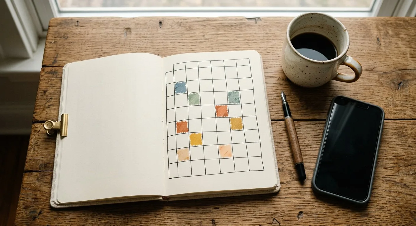 Notitieboek met een getekend weekrooster, koffie, pen en smartphone op een eiken bureau