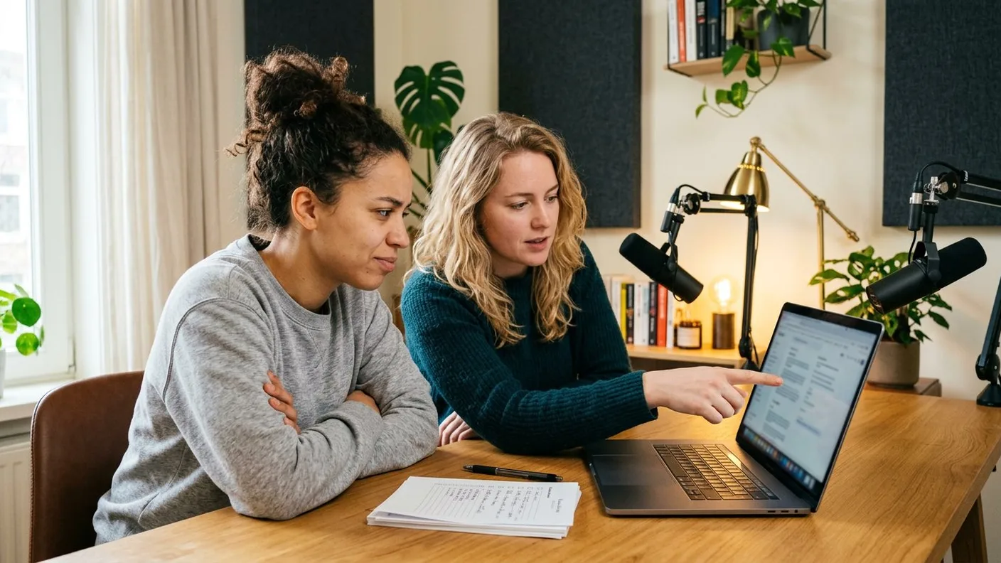 Een koppel dat samen een platformvergelijking op een laptop doornemt: de ene wijst naar het scherm, de andere doet een nadenkende vraag