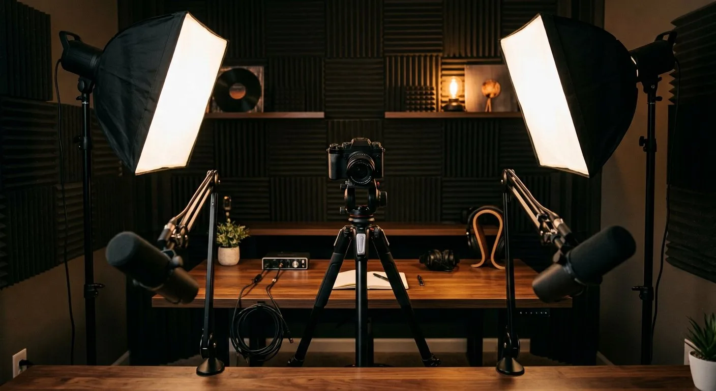 Professionele home-studio: camera op statief, twee LED-softboxen op 45 graden en een dual-mic-station in de voorgrond