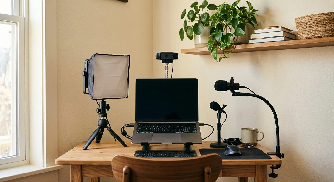 Compacte home-streamhoek: webcam, één softbox, twee USB-microfoons en een slanke laptop op één bureau