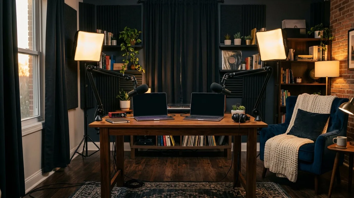 Studio-hoek in een woonkamer: twee laptops, microfoons op armaturen, twee softboxen en donkere panelen
